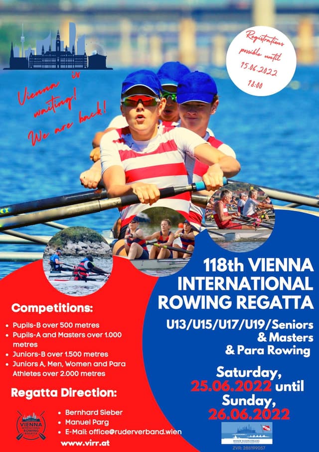 Die Titelseite der offiziellen Einladung, ein Junioren Vierer von vorne während dem Rennen, weiter kleine Bilder von Master und Pararuderern darunter sowie Informationen bezüglich der Regatta