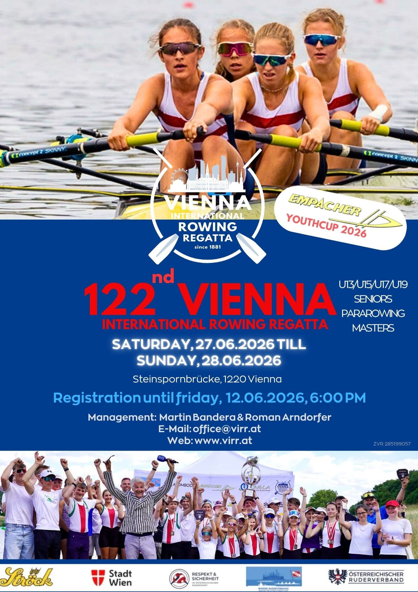 Our great tradition lives on! Since 1881, the WIENER RUDER VERBAND has been organizing the “Vienna International Rowing Regatta,” and from June 27–28, 2026, the New Danube will once again serve as the venue for this major sporting highlight in Vienna.
In 2026, this regatta will once again be organized under the leadership of Martin Bandera, Roman Arndorfer, and their dedicated team - passionate friends of the sport of rowing who have made it their mission to spread their enthusiasm for rowing far beyond the borders of Vienna. Together, we bring numerous national and international rowing clubs to Vienna to participate in this special event.
Vienna has been proud to serve as a hub for international rowing regattas on the New Danube since the 1991 World Rowing Championships. The Rowing Center at Steinsporn Bridge was built here and will also be the venue for VIRR 2026. Let’s keep Vienna’s great tradition as a regatta destination alive!
Team spirit, community, and solidarity are the fundamental values of rowing. Our goal is to help young people develop social skills - in keeping with our motto: “Moving forward faster together in the same boat.” This year, the focus is once again on youth rowing competitions.